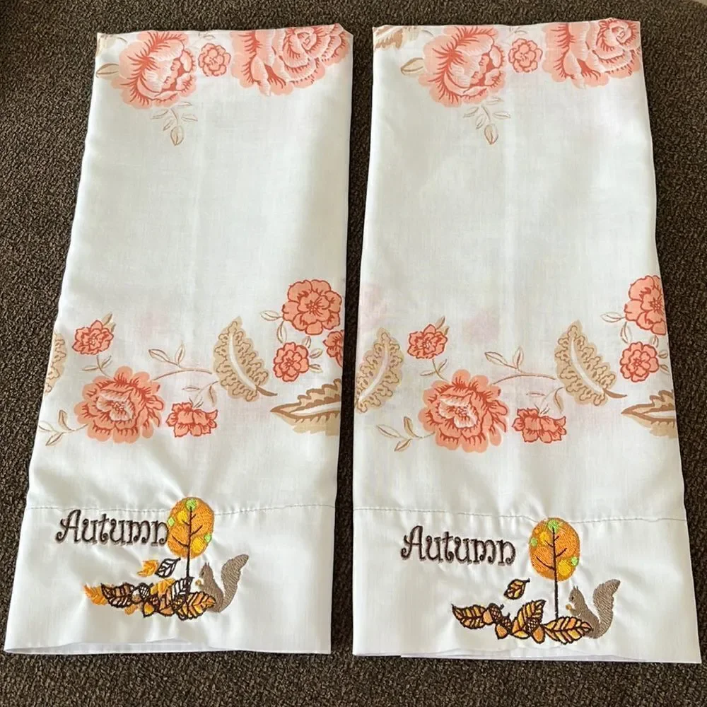Set 2 Custom Autumn Embroidered White with Red/Brown Floral Accent Pillowcases